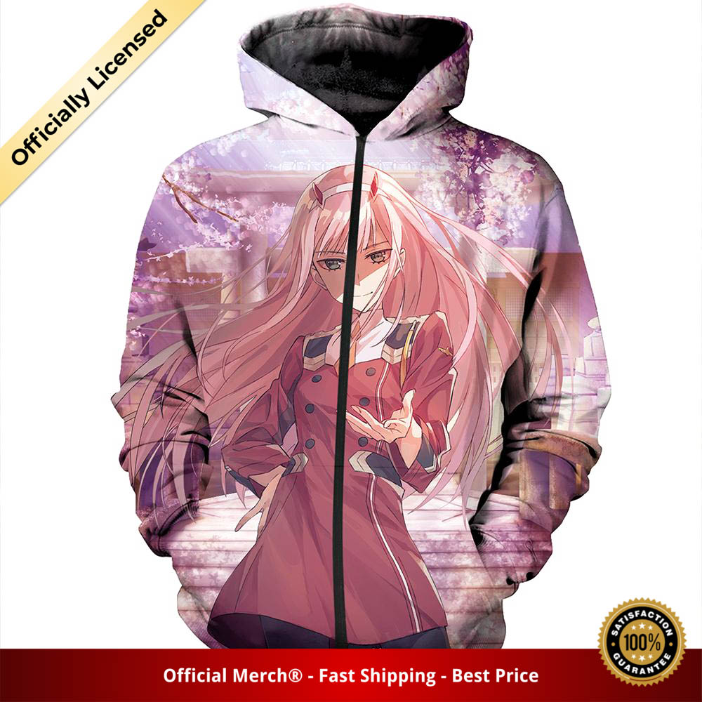 Darling in the Franxx Zip Hoodie Zero Two in Cherry Blossoms 3D All Over Print